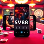 Experience the SV88 app for mobile gambling with players on a vibrant poker table.