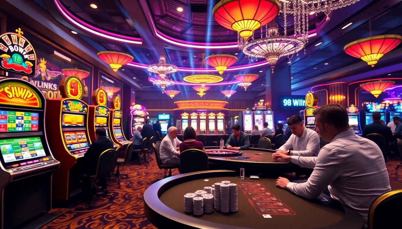Experience the thrill of winning at 98win casino, featuring lively poker games and stacked chips.