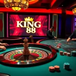 Engage with thrilling gaming at king 88, showcasing a vibrant casino scene with roulette and poker elements.