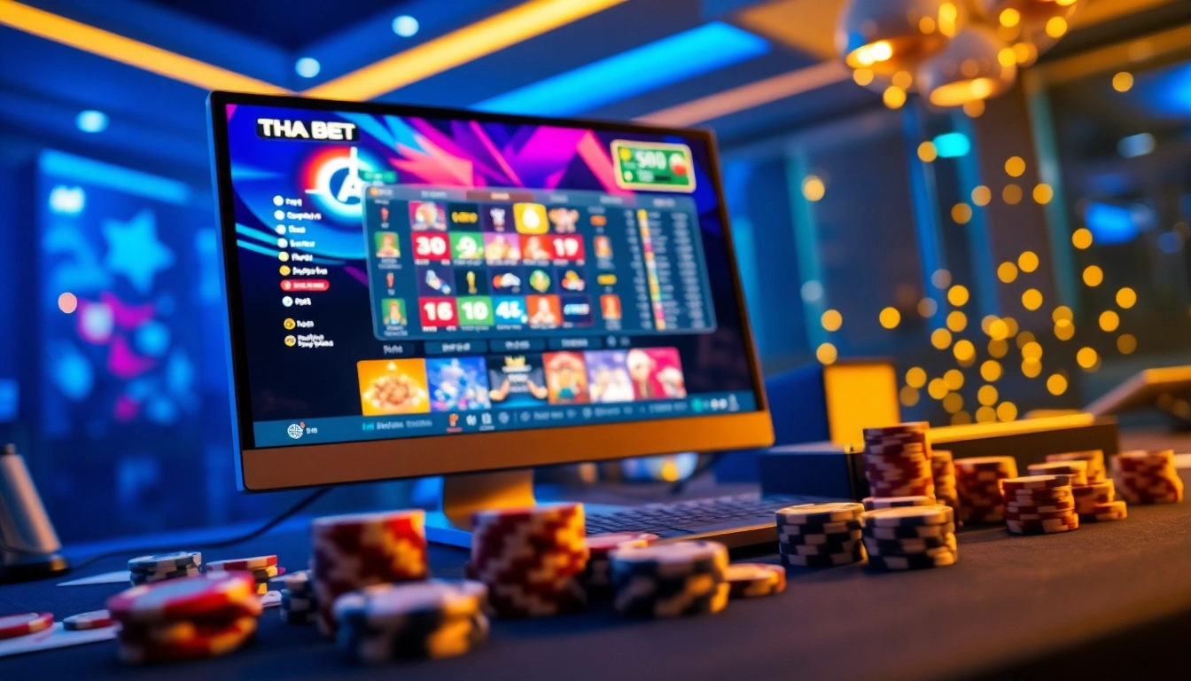 THA BET online gaming experience with vibrant interface and casino elements