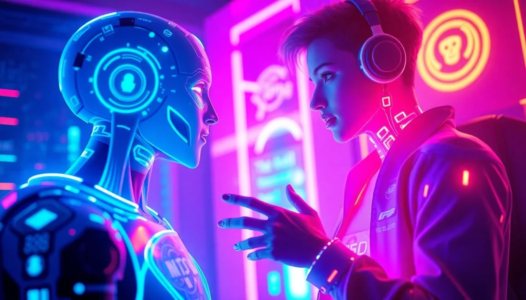 Engaging interaction with ai nsfw character in a futuristic digital environment, highlighting vibrant colors and immersive technology.