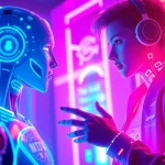 Engaging interaction with ai nsfw character in a futuristic digital environment, highlighting vibrant colors and immersive technology.