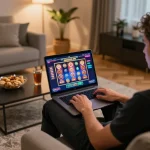 Player enjoying online gambling with lucky88s, vibrant slot game displayed on laptop screen in a cozy living room.