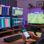 vaobet user placing strategic bets on smartphone amidst a vibrant sports betting scene