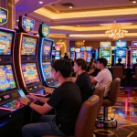 Players enjoying vibrant slot machines at u888 com casino, showcasing engaging gameplay and colorful atmosphere