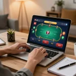 Playing online casino games on SC88 laptop with interactive poker interface and personal strategy notes.