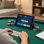 Engaging in Hitclub poker gameplay on a tablet in a cozy home setting with strategy notes.