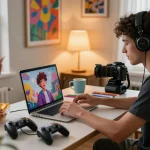 Engaging interaction with character ai nsfw in a cozy home office setting.
