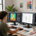 Creative workspace featuring an artist using nano banana ai for vibrant image generation and editing.