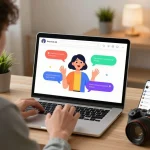 Engaging interaction with sex chat AI displayed on a laptop screen in a modern home office.