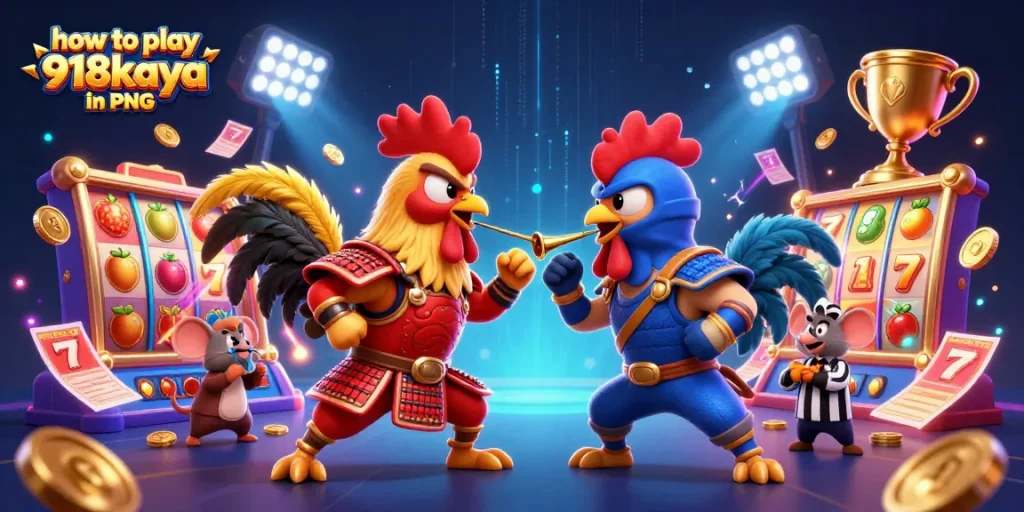 Learn how to play 918kaya in PNG through this dynamic cartoon illustration showcasing exciting slot games.