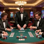Players engaging in intense blackjack gameplay at a high-stakes table in an upscale casino, featuring windd strategy and vibrant atmosphere.