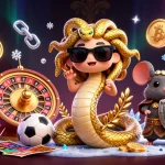 Engage in sports betting excitement with keonhacai18's lively scene of a friendly Medusa and golden coins.