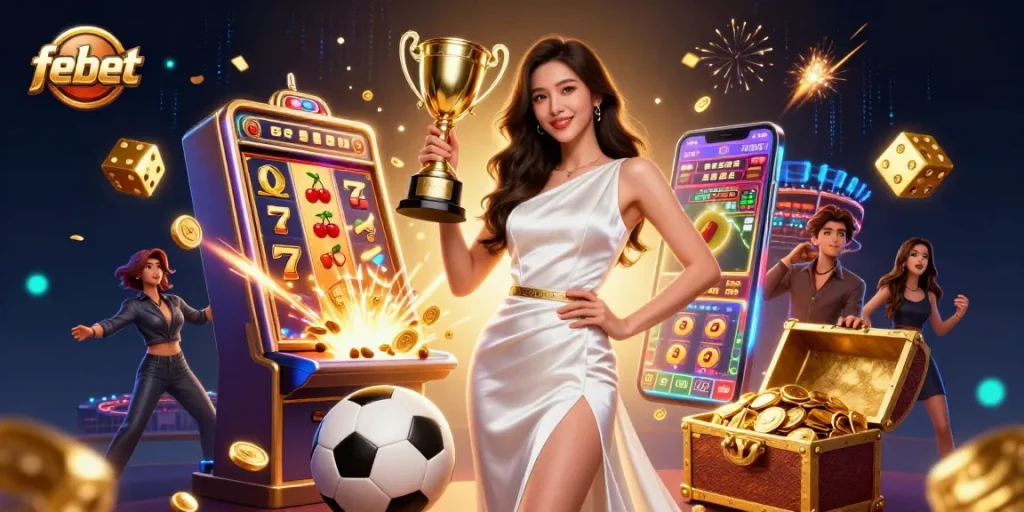 Febet showcases a triumphant Asian woman in a glamorous gown, capturing the essence of sports betting excitement.