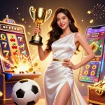Febet showcases a triumphant Asian woman in a glamorous gown, capturing the essence of sports betting excitement.