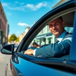 Woking taxi driver ready for passengers in a bustling urban setting.