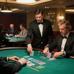 Players strategizing at a blackjack table in a luxurious casino, creating an engaging atmosphere for gambling enthusiasts.