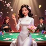 Engage with FB88bet as an elegant woman showcases poker excellence in a vibrant casino scene.