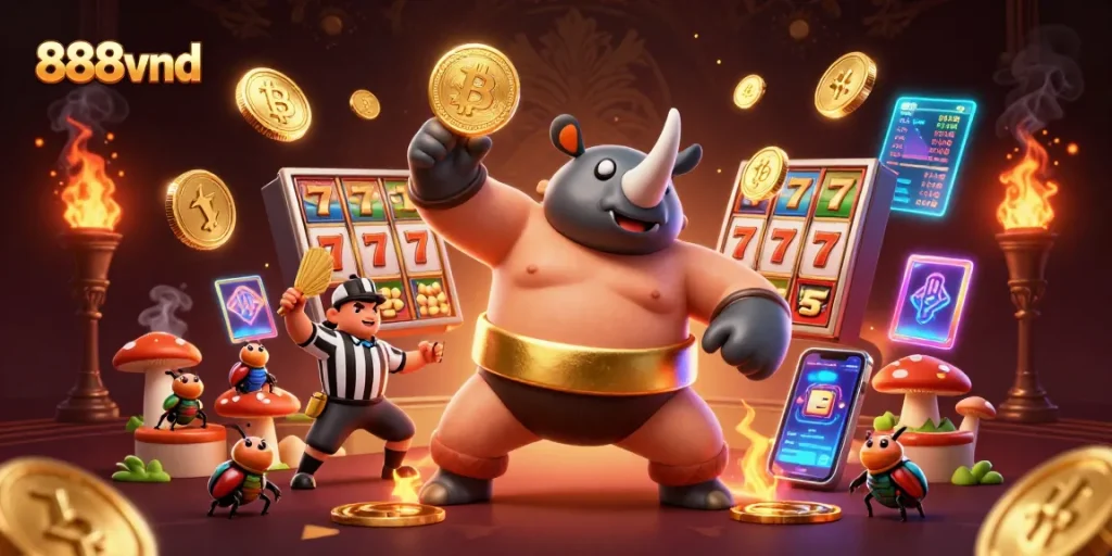 888vnd showcases a dynamic casino scene with a rhinoceros beetle sumo champion celebrating wins among golden coins.