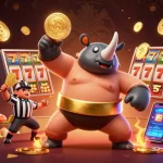 888vnd showcases a dynamic casino scene with a rhinoceros beetle sumo champion celebrating wins among golden coins.