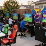 Exciting gaming party London setup with kids enjoying Fortnite on large screens.