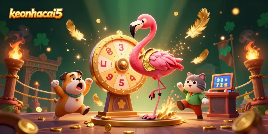 Engage with excitement at keonhacai5's thrilling game show with a golden prize wheel.