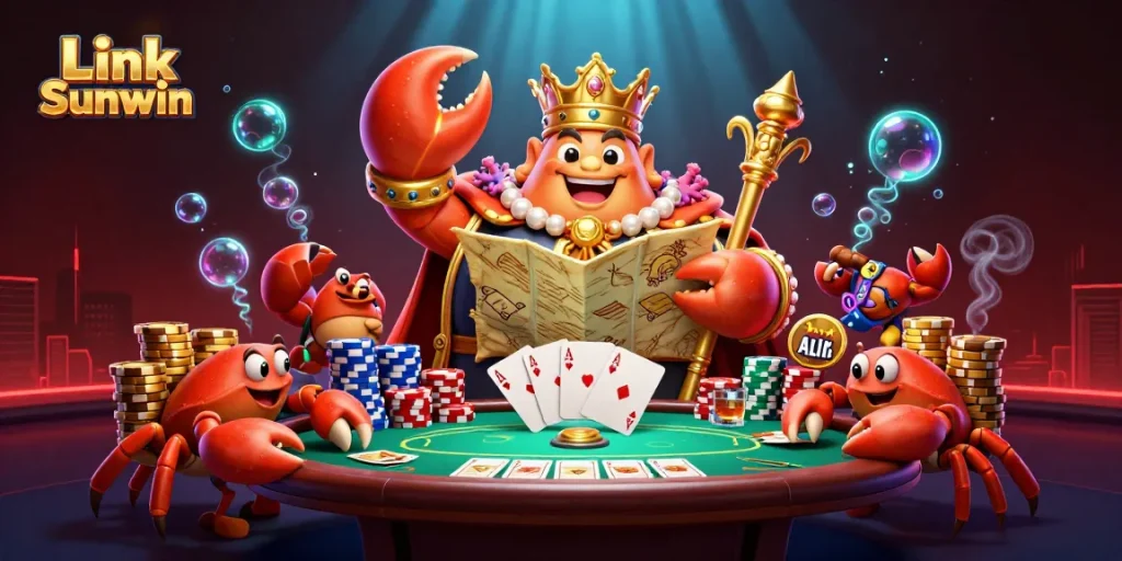 Experience captivating games with Link Sunwin, featuring a majestic golden crab emperor and poker elements.
