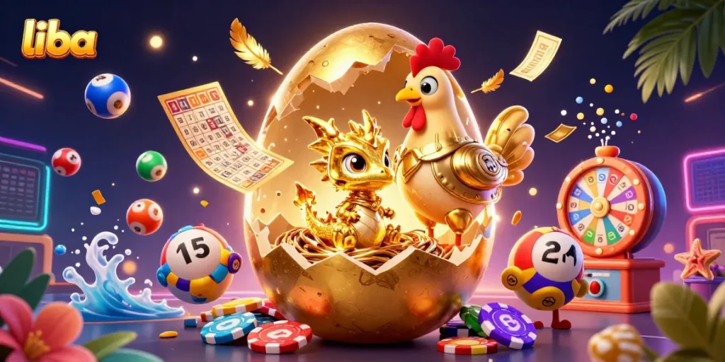 Engage with liba's captivating casino scene showcasing a golden dragon, poker chips, and dynamic lottery elements.