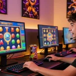 Explore the excitement of bonus buy slots at https://crownnorthill.co.uk, featuring an enthusiastic player gaming with vibrant slot graphics in a cozy setup.