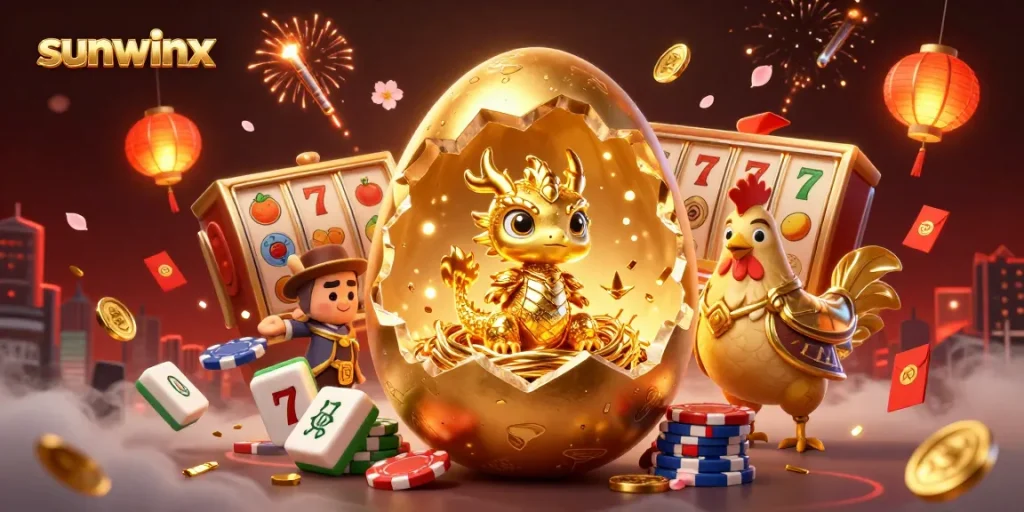 Spin to win at sunwinx featuring a golden dragon and poker chips in a vibrant casino scene.