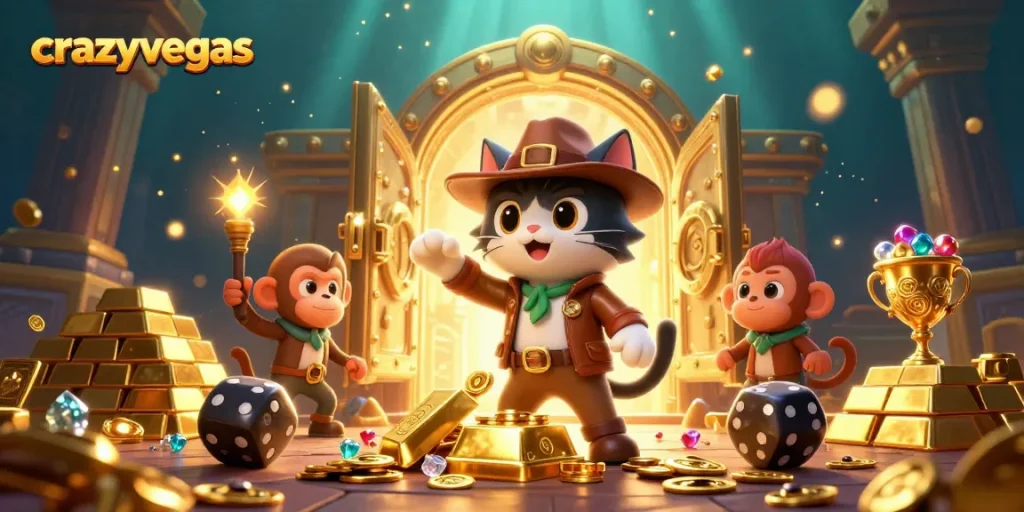 Crazyvegas showcases an adventurous cat archaeologist and monkey companion uncovering a golden casino treasure in a dazzling temple.