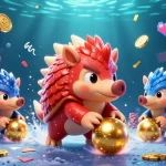 Engage in thrilling gameplay with 555win through an exciting illustration of pangolins in combat, rolling into golden balls amidst vibrant casino elements.