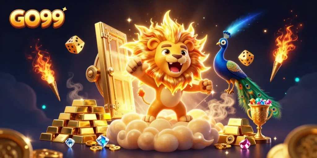 Experience the excitement of GO99 with vibrant casino elements and a roaring lion in this captivating 3D scene.