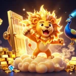 Experience the excitement of GO99 with vibrant casino elements and a roaring lion in this captivating 3D scene.