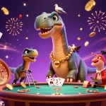 Engage with GO99's thrilling casino experience as a giant brontosaurus surveys an action-packed gaming scene.