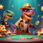 Experience strategic gameplay at hubet with a velociraptor card counter amidst casino excitement.